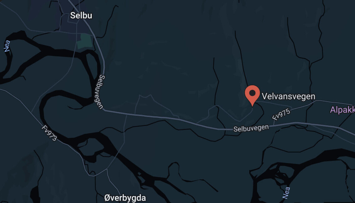 Det var i skogen over Velvansvegen, som er markert her på kartet, at Emma ble funnet. Skjermbilde.