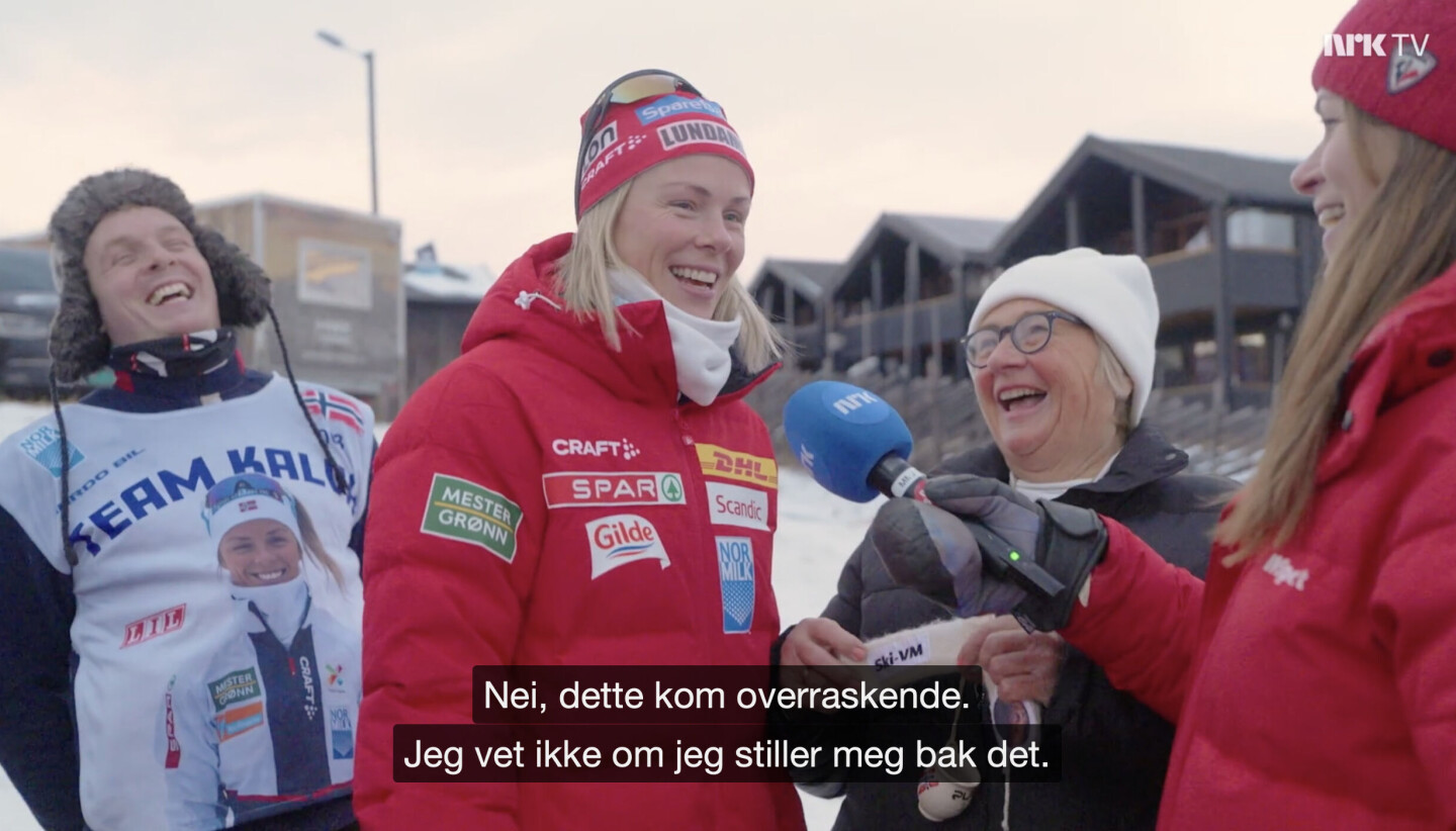 En lettere sjokkert Anne Kjersti prøver å gjøre det beste ut av situasjonen. Foto: skjermdump NRK