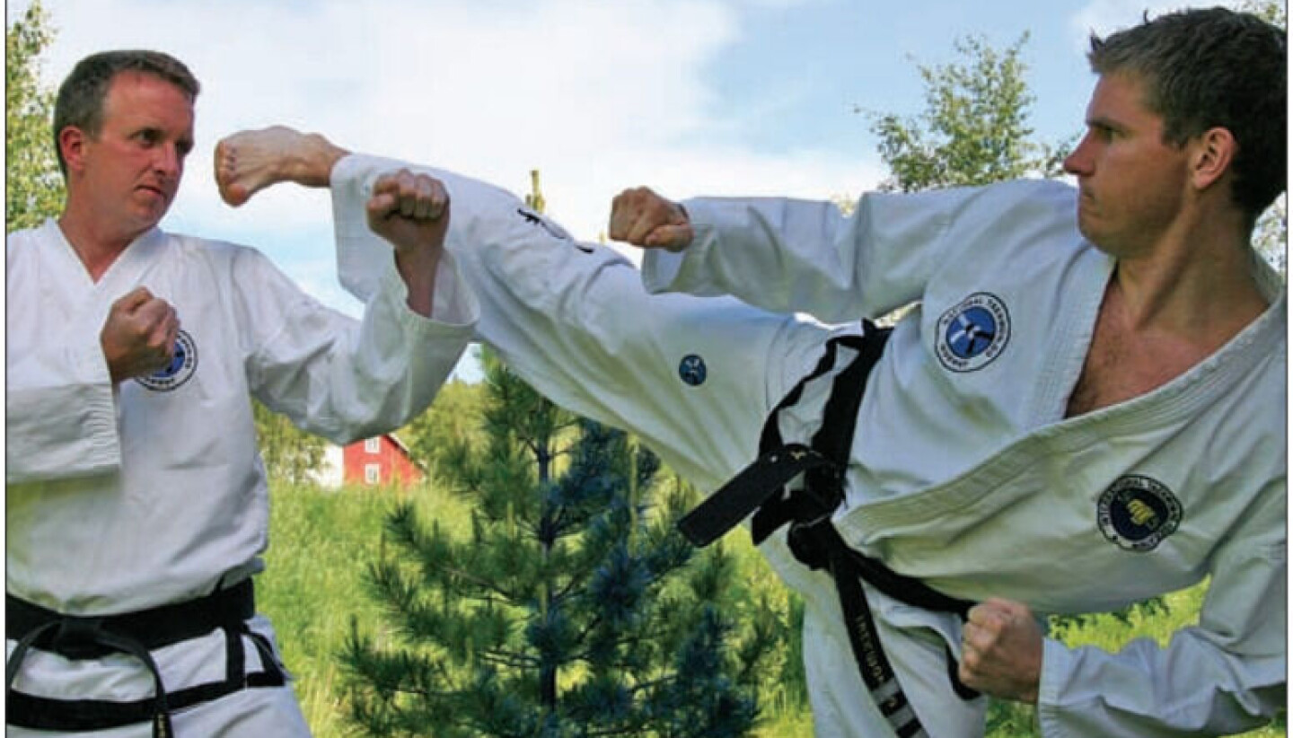 UFARLIG IDRETT: Til tross for noen truende spark og harde slag, understreker Geir Ove Rønsberg (t.v) og Roger Stokke at Taekwon-Do handler mer om egentrening i felleskap med andre og at idretten passer for absolutt alle. (Under bildet)